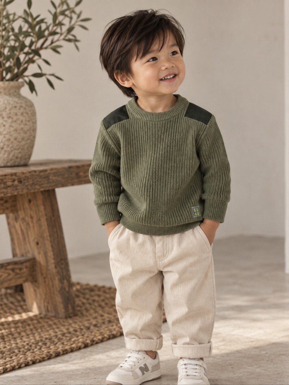 Zara Kids Olive Green Ribbed Knit Top Military Shoulder Patches 2-3Y